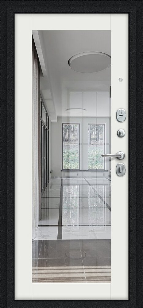 Дверь Цербер 3К(Чёрный муар) Мрамор (Черная Фурнитура)(Сменная панель), 20-Зеркало Белый