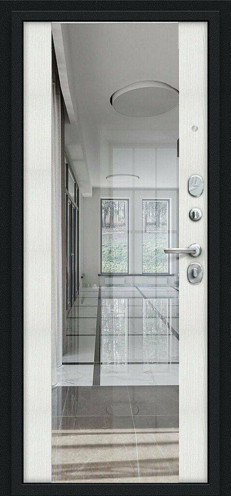 Дверь Цербер 3К(Чёрный муар) Хаки(Черная Фурнитура)(Сменная панель), 21-Зеркало в Пол  Лиственница белая